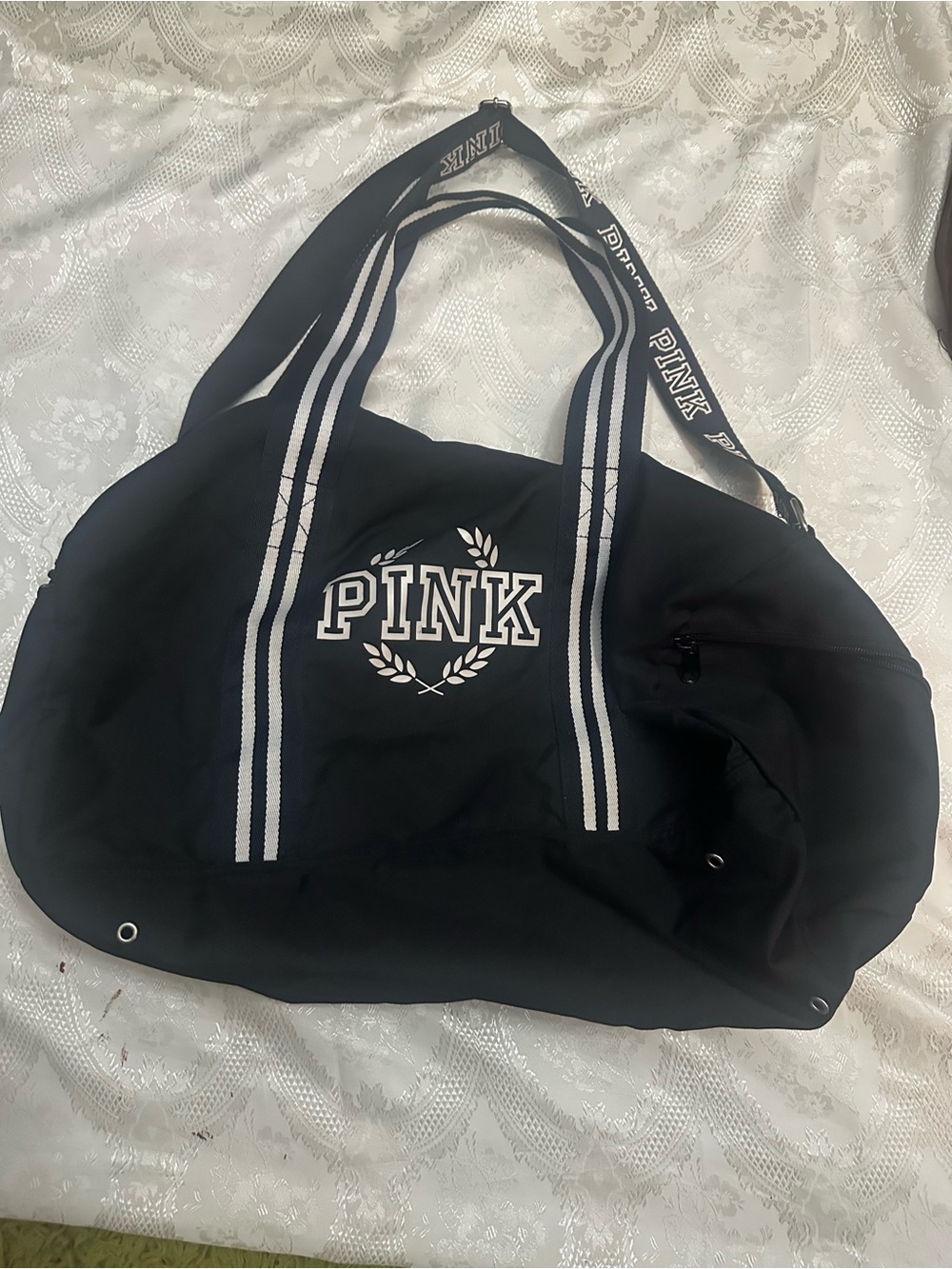 PINK Victoria's Secret Black Duffel with White Stripes